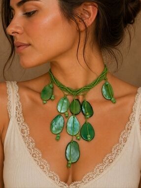 Retro 1970s Green Macrame Shell Choker Mermaid Festival Plastron Necklace